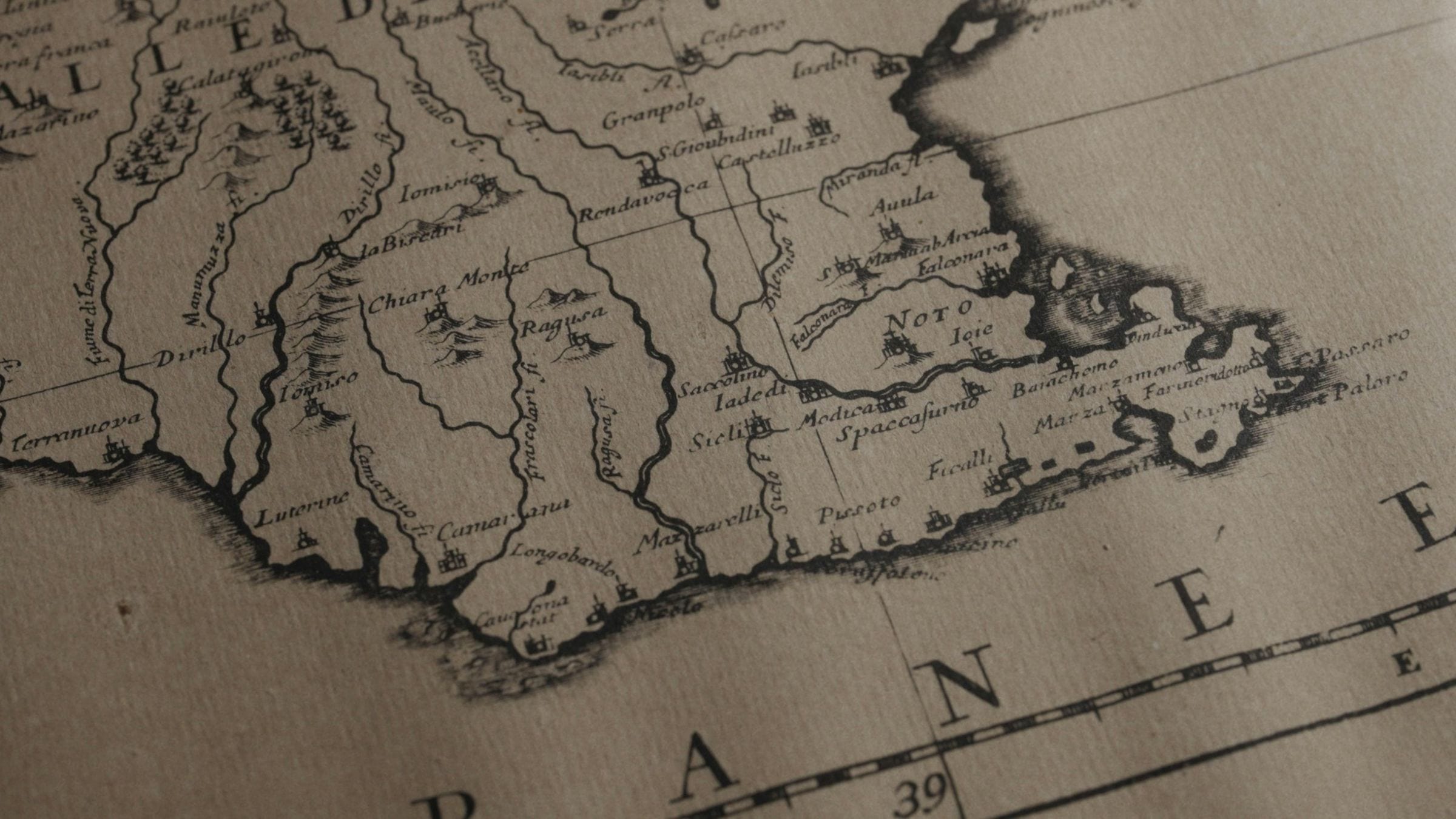 Antique engraved map detail of southeastern Sicily on aged paper