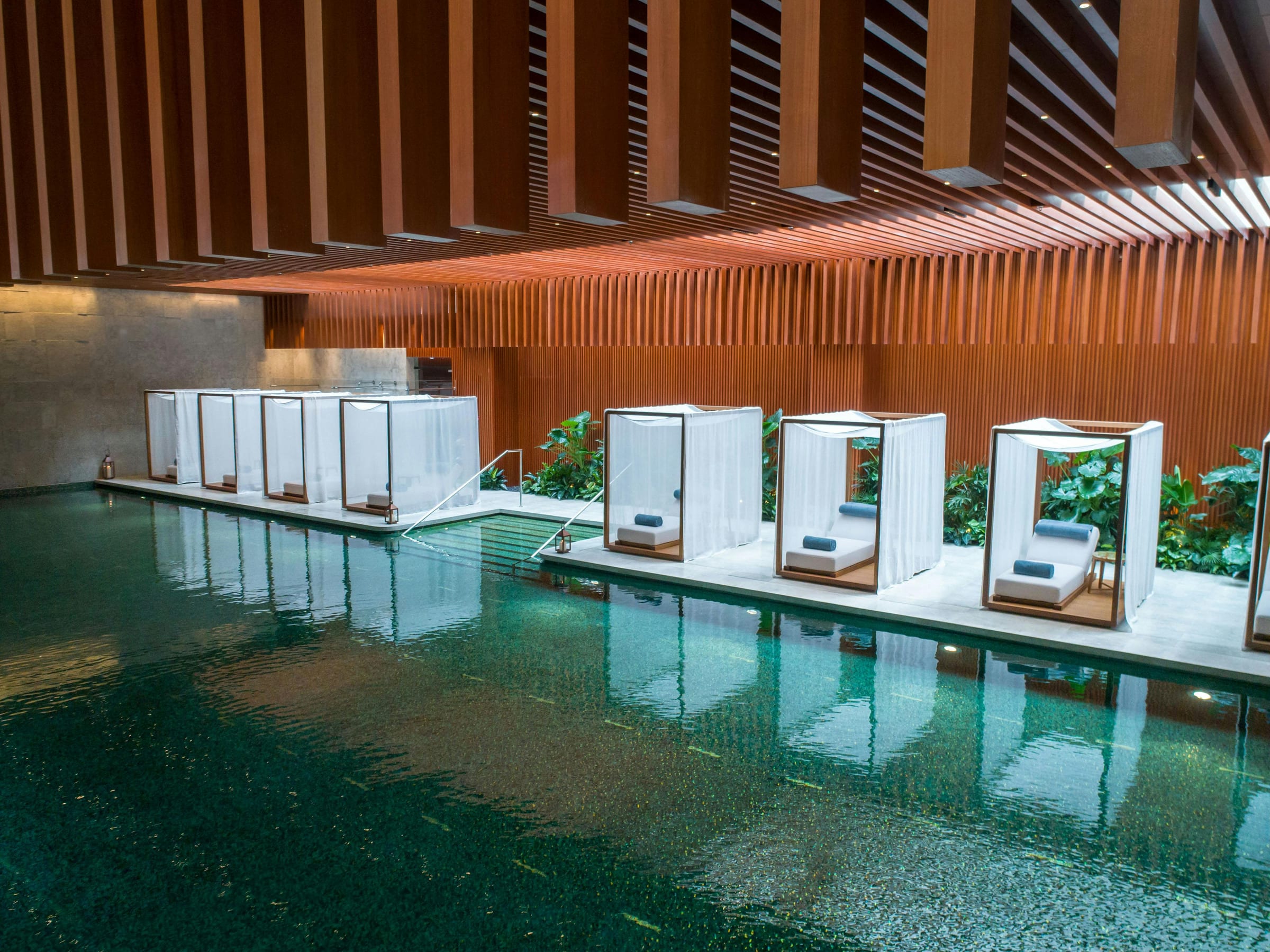 Indoor spa pool lined with white curtained daybed cabanas under a slatted timber ceiling