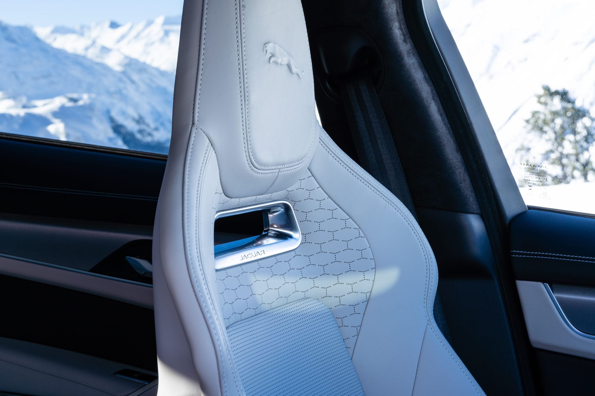 Detail of the embossed Jaguar leaping-cat headrest and oyster leather seat of the F-PACE, snowy peaks through the window