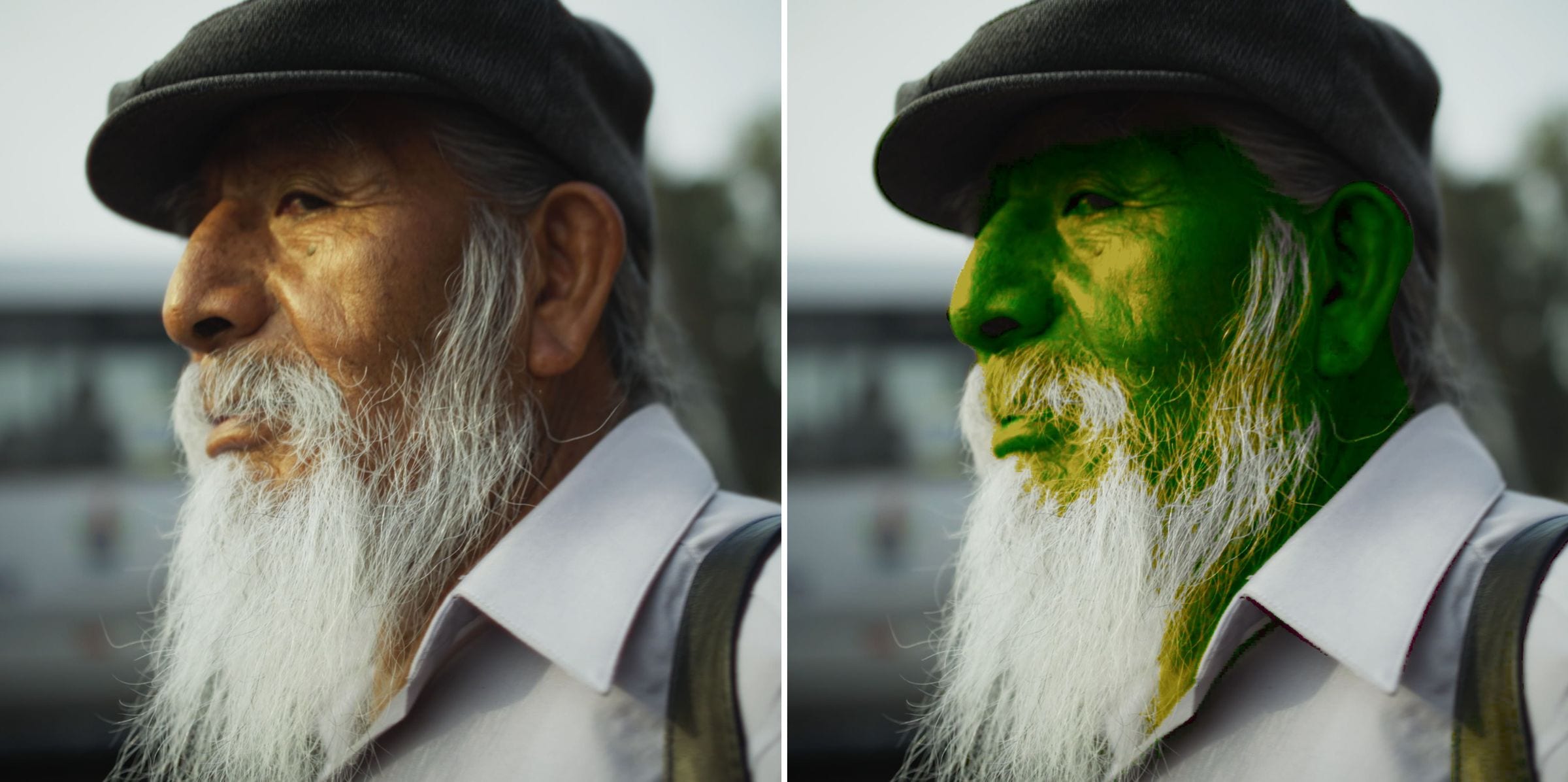 The same portrait twice: on the left as shot, on the right analysed by the Skin Tone DCTL, the skin reading green because the tone is on target while the white beard is left untouched